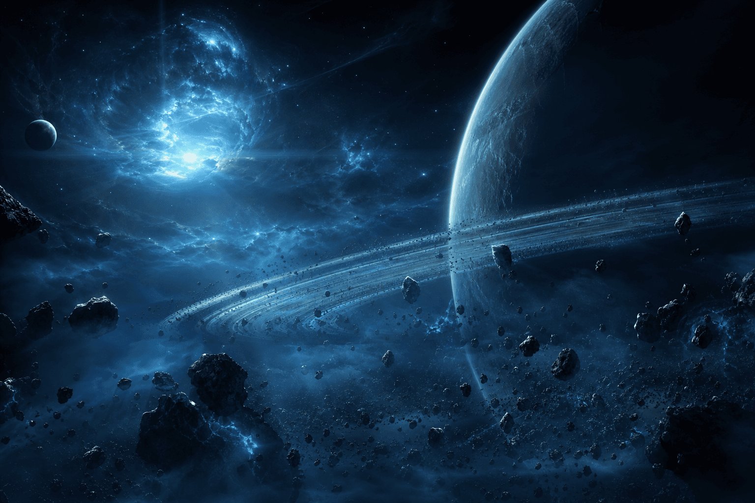 A ringed planet beside a glowing nebula and drifting asteroids