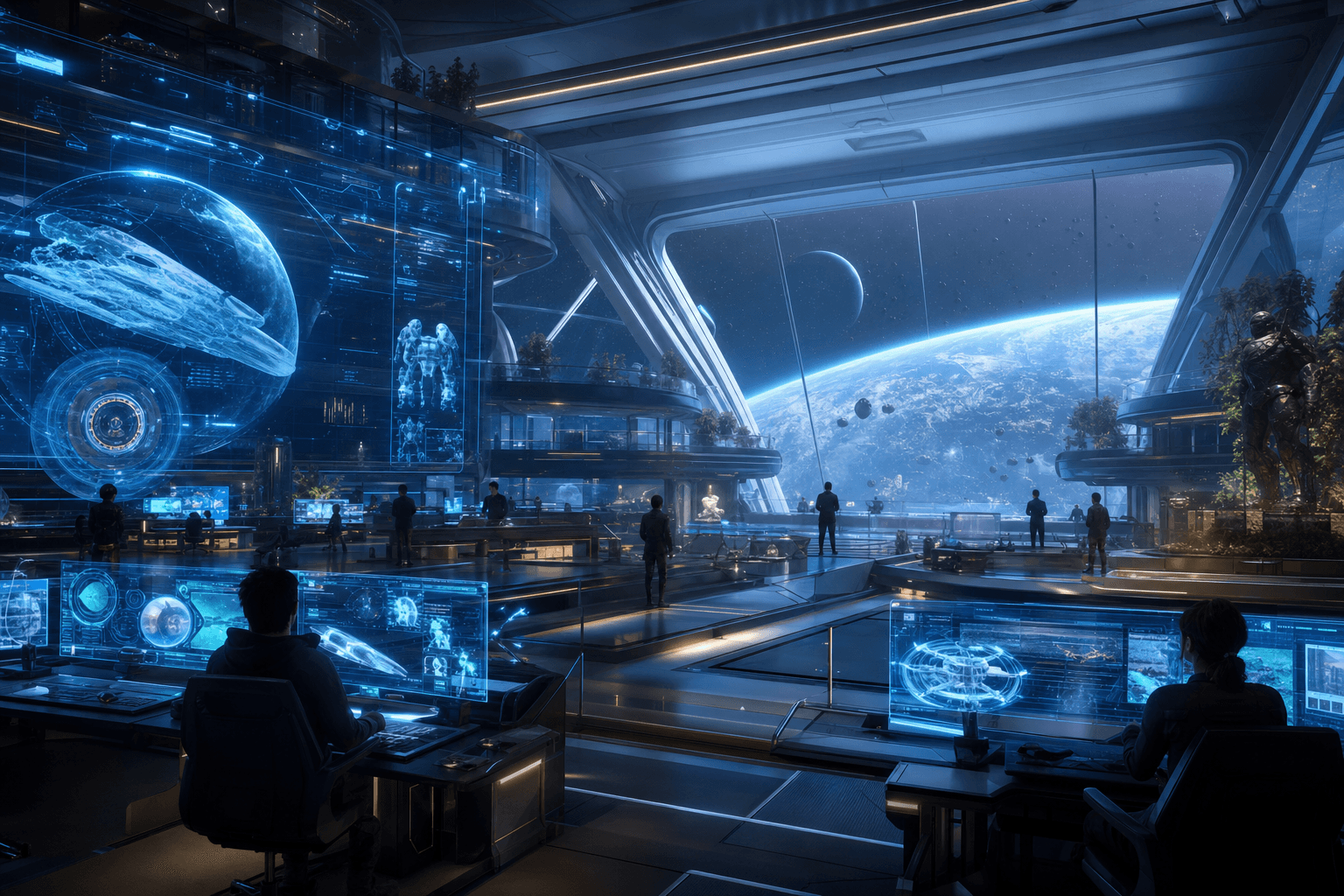 Interior of a futuristic game studio overlooking a planet